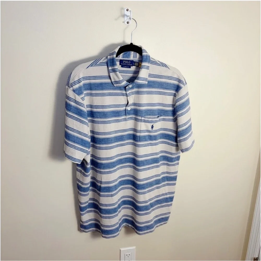 Polo Ralph Lauren Polo Mens L Blue Stripe Classic Fit Pocket Pony Short Sleeve